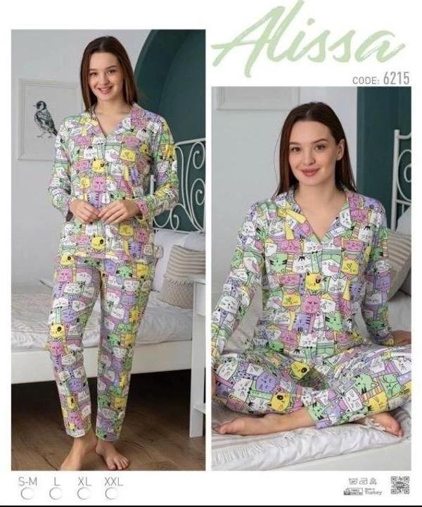 Bayan Önü Düğmeli Desenli Uzun Kol  Pijama Takımı - Image 1