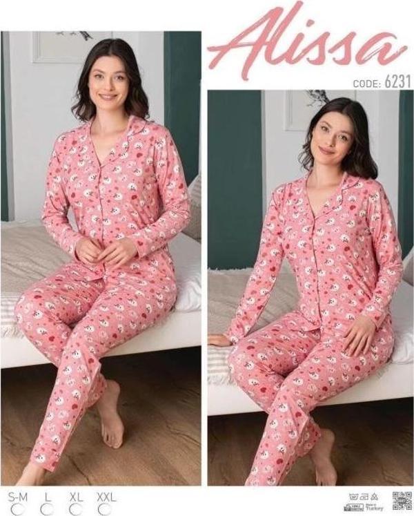 Bayan Önü Düğmeli Kedi Desenli Pijama Takımı - Image 1