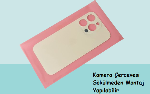 Tkgz - iPhone 14 PRO Arka Pil Batarya Kapağı - Cam kapak Geniş Lens Deliği - GOLD - Image 1