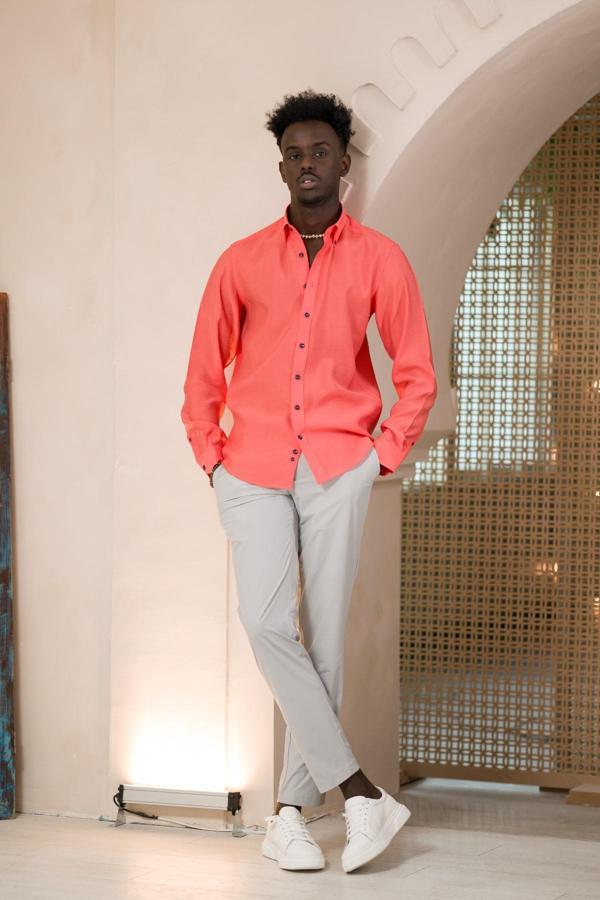 Dorss Yaka Düğmeli Yazlık İnce Tiril Tiril  %100 Modal Slimfit Gömlek - Image 1