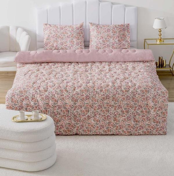 Pembe Bahar Çift Kişilik Çift Taraflı Papatyalı Kapitone Yorgan 200x215 cm - Image 1