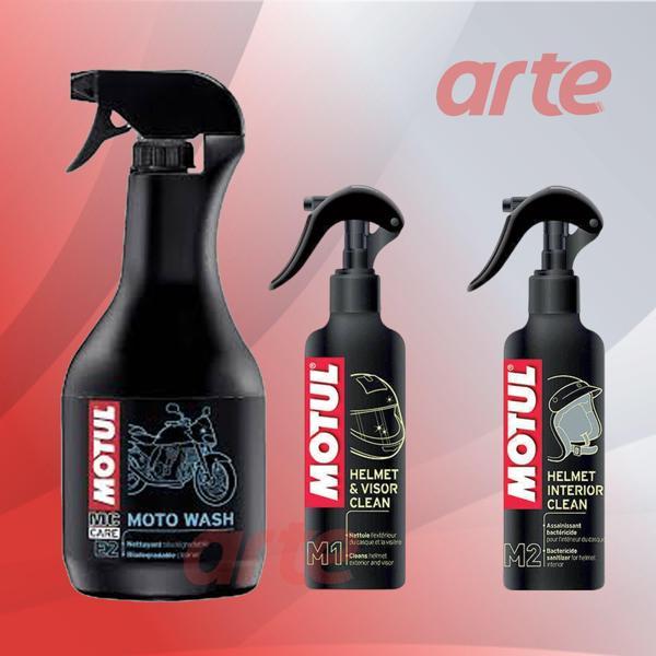 Motul M1 + M2 + E2 Motosiklet Bakım Seti | Kask Temizleyici, Kask İç Temizleyici ve Temizlik Köpüğü | 3’lü Set | - Image 1