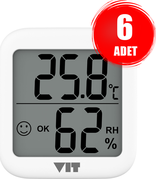 VIT 6'lı İç Mekan Dijital Isı ve Nem Ölçer Beyaz Termometre WVT17-04 - Image 1