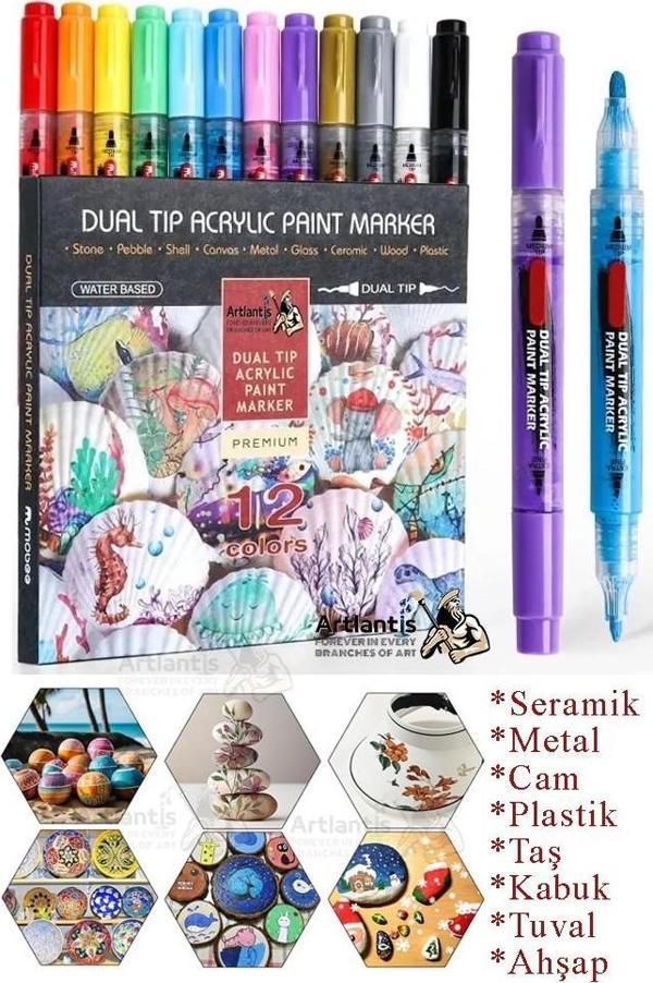 Çift Taraflı 12 Renk Akrilik Markör Keçeli Kalem 1 Adet Dual Tip Acrylic Marker Taş Cam Metal Seramik Plastik Tuval - Image 1