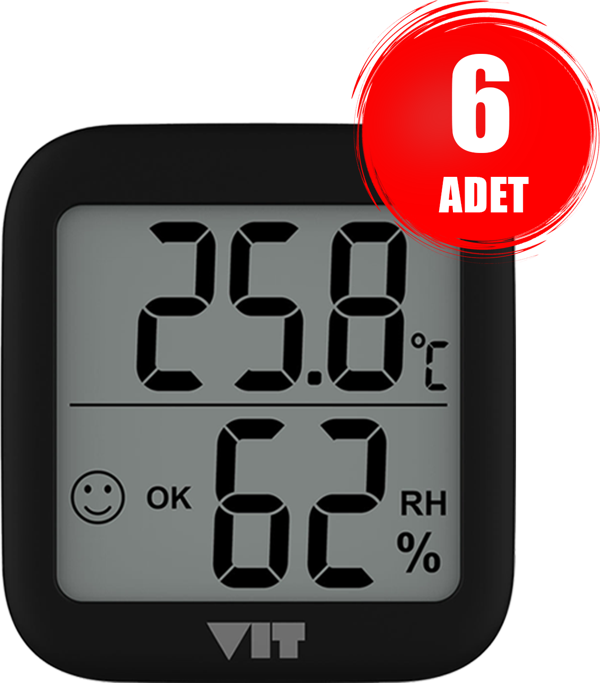 VIT 6'lı İç Mekan Dijital Isı ve Nem Ölçer Siyah Termometre BVT17-04 - Image 1