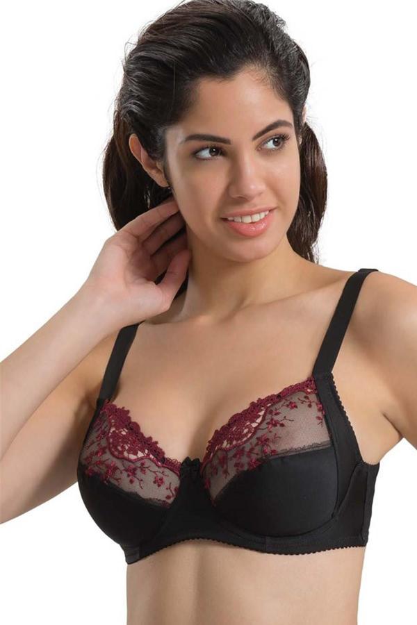 BORDO SİYAH   C Balenli Toparlayıcı Dantelli Sütyen - Image 1