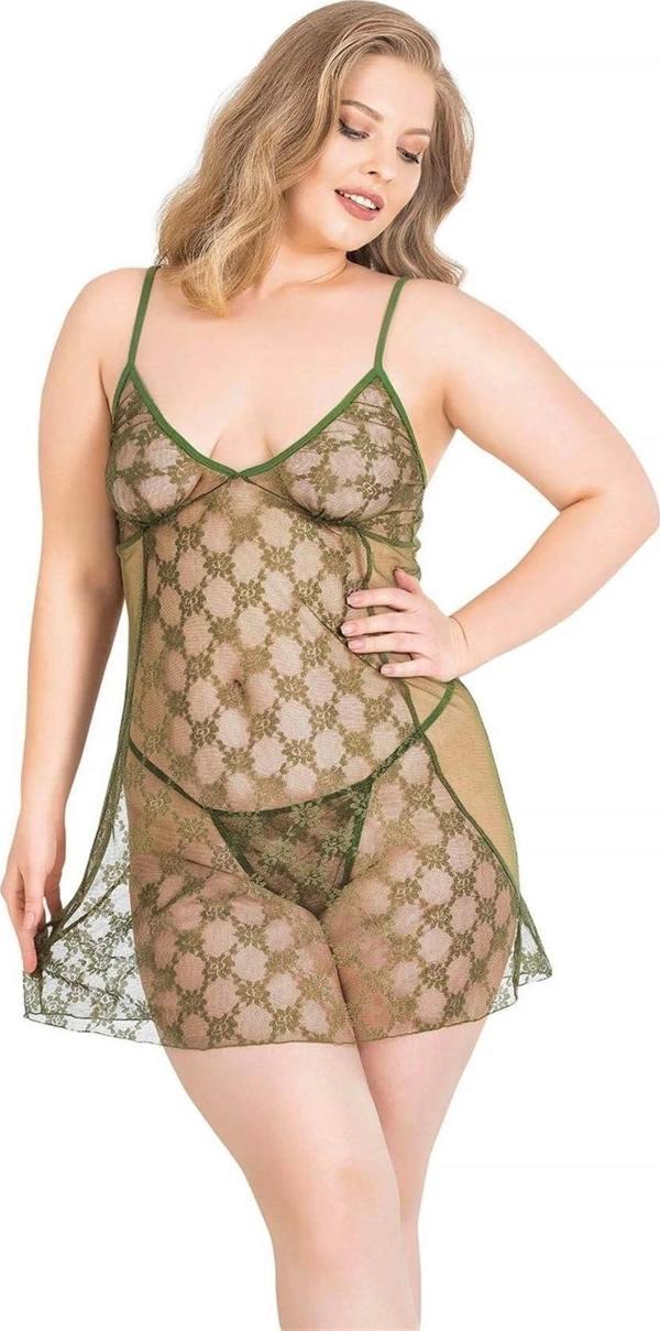 Miss Büyük Beden Haki Kısa Tül Gecelik - Image 1