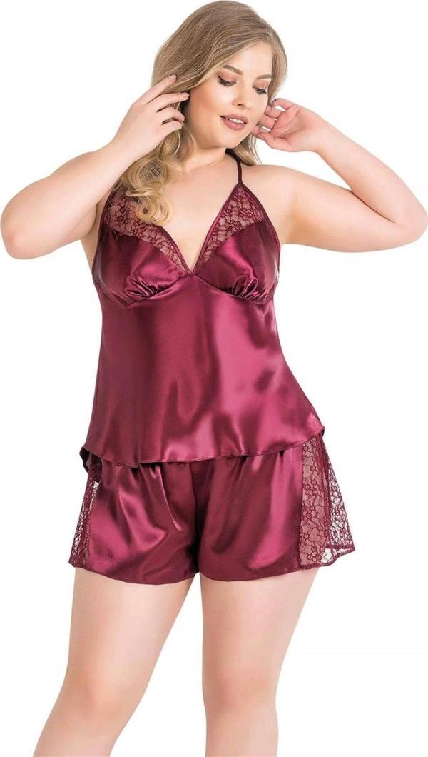 Miss Büyük Beden Bordo Saten Babydoll Şort TakımI - Image 1