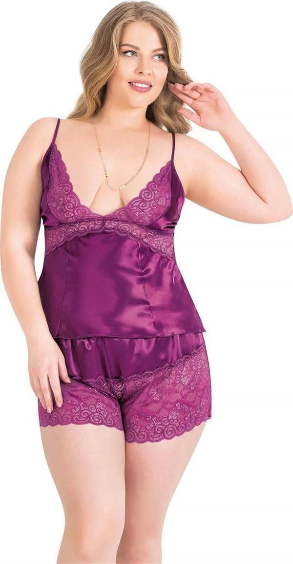 Miss Büyük Beden Mor Saten Babydoll Şort Takımı - Image 1