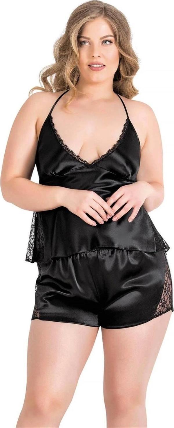 Miss Büyük Beden Siyah Saten Babydoll Şort Takımı - Image 1