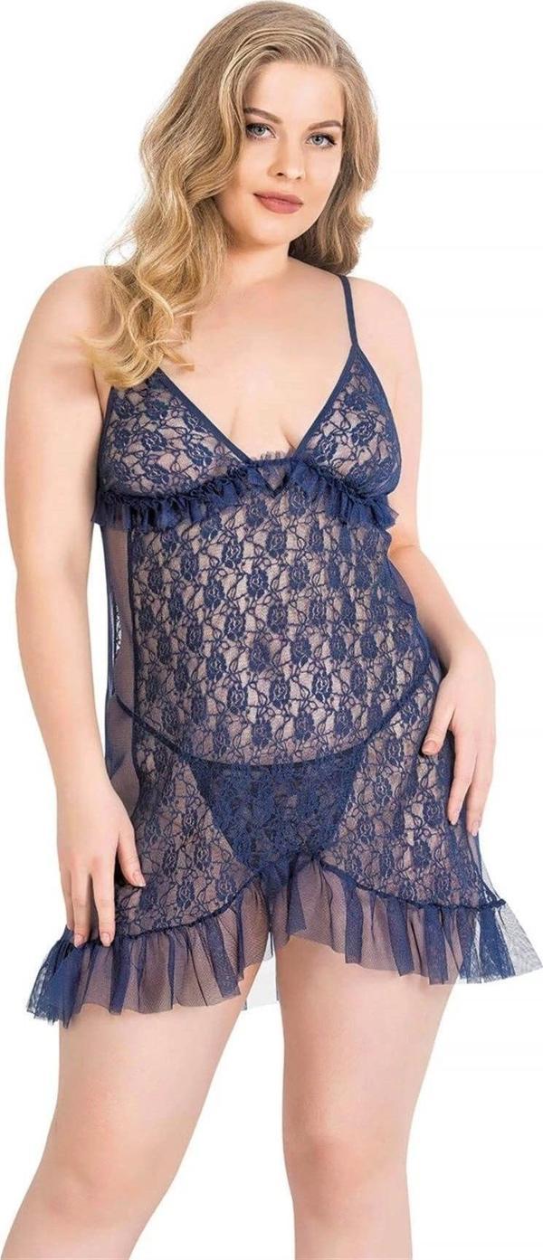 Miss Büyük Beden Lacivert Kısa Tül Gecelik - Image 1