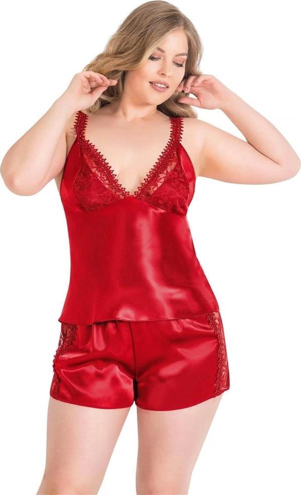 Miss Büyük Beden Kırmızı Saten Babydoll Şort Takımı - Image 1