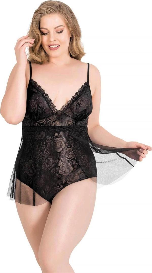 Miss Büyük Beden Siyah Bodysuit Jakarlı Gecelik - Image 1