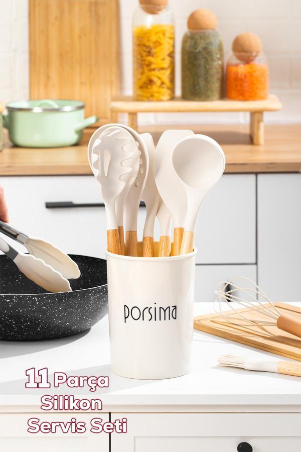 Porsima 3163 Metal Standlı Ahşap Silikon 11 Parça Servis Takımı Seti Beyaz - Image 1