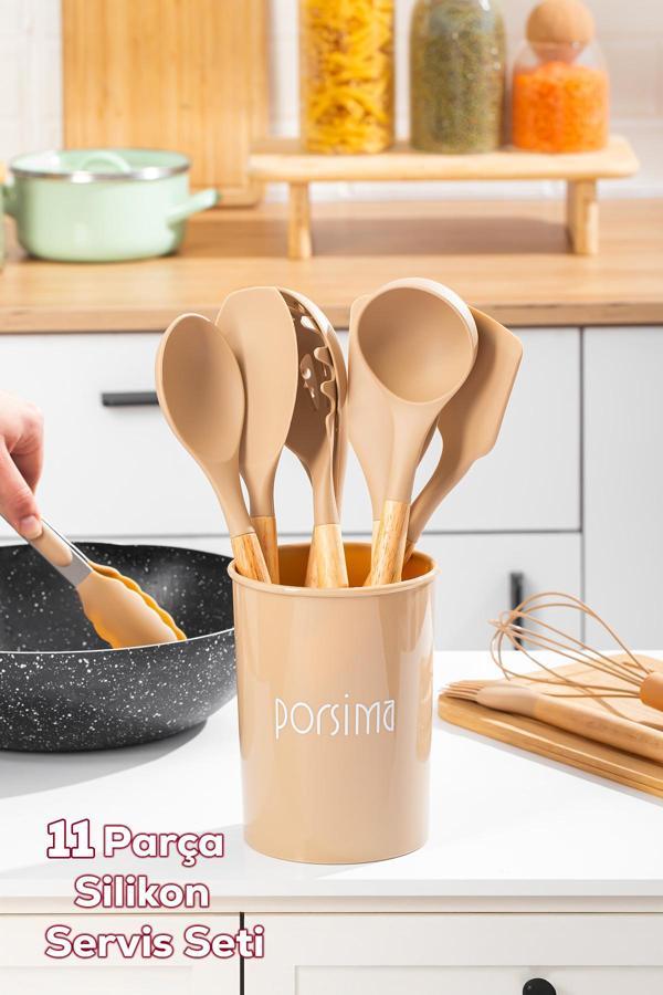 Porsima 3164 Metal Standlı Ahşap Silikon 11 Parça Servis Takımı Seti Kapicino - Image 1