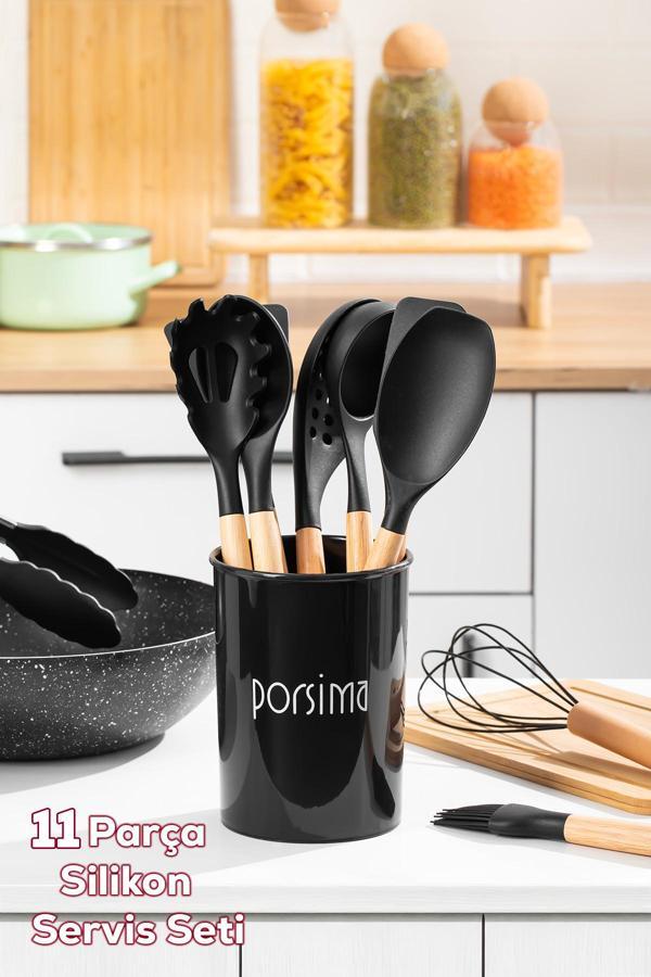 Porsima 3165 Metal Standlı Ahşap Silikon 11 Parça Servis Takımı Seti Siyah - Image 1