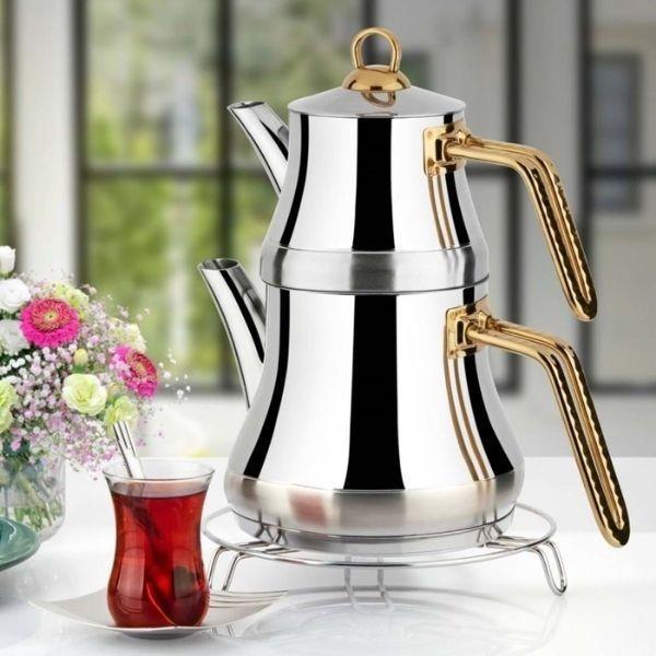 Yonca Lines L-3091 Naz Aile Boy Çelik Çaydanlık Takımı Altın Desenli Kulp - Image 1