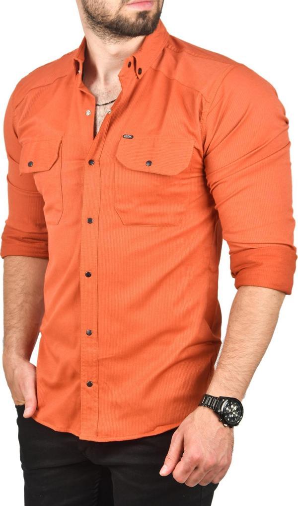 DeepSEA Erkek Kiremit Likralı İnce Fitilli Çıtçıtlı Çift Cepli Dar Kesim Gabardin Gömlek 2300421 - Image 1