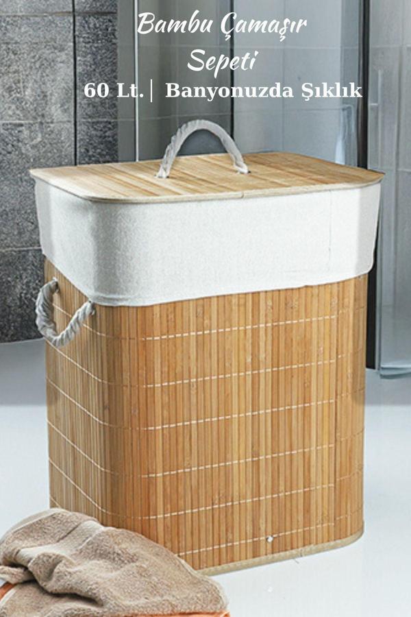 Welcomein Doğal Bambu Kapaklı Çamaşır Sepeti – Kapaklı, İpli Kulplu, Yıkanabilir İç Torbalı, 60 Lt. - Image 1