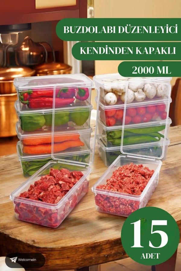 Welcomein 15 Adet 2 Lt. Kendinden Kapaklı Derin Dondurucuya Uygun Buzluk Saklama Kabı Düzenleyici  (2000 Ml) - Image 1