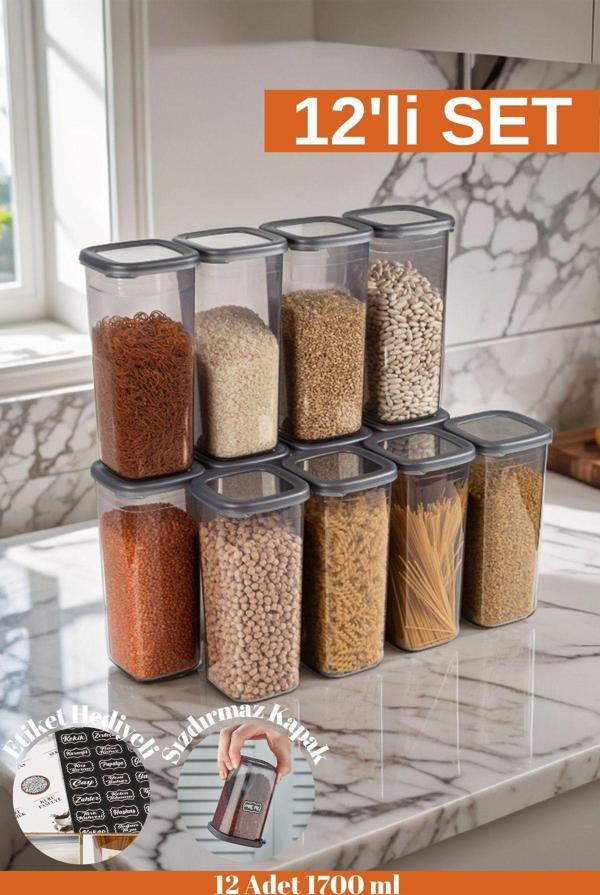 Welcomein 12 Adet 24 Parça Etiketli 1750 Ml. Sızdırmaz Kapaklı Kare Erzak Bakliyat Saklama Kabı Seti - Image 1