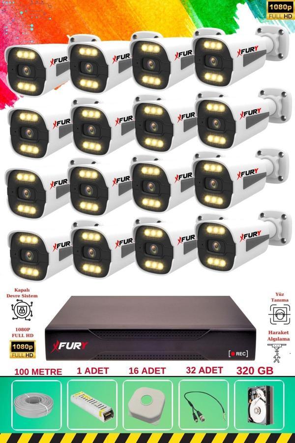 FURY 16 Kameralı 6 Warm Led Gece Renkli Görüş-Cepten İzle-Su Geçirmez Güvenlik Kamerası Seti 320GB - Image 1