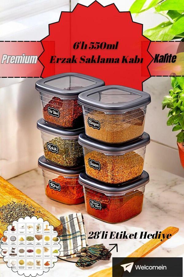 Welcomein 6 Adet Square Antrasit Etiketli Baharatlık Takımı - 550 Ml - 6'Lı Kare 0.55 Lt Etiket Hediyeli - Image 1