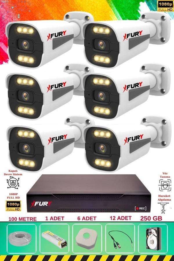 FURY 6 Kameralı 6 Warm Led Gece Renkli Görüş-Cepten İzle-Su Geçirmez Güvenlik Kamerası Seti 250GB - Image 1