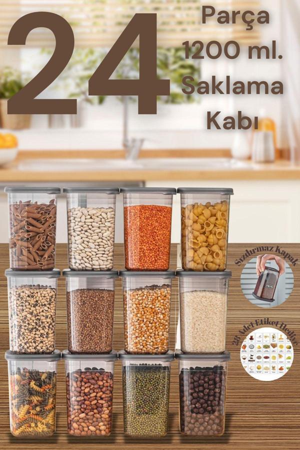 Welcomein 12 Adet 24 Parça 1200 Ml. Sızdırmaz Kapaklı Erzak Bakliyat Saklama Kabı Seti Etiket Hediyeli - Image 1