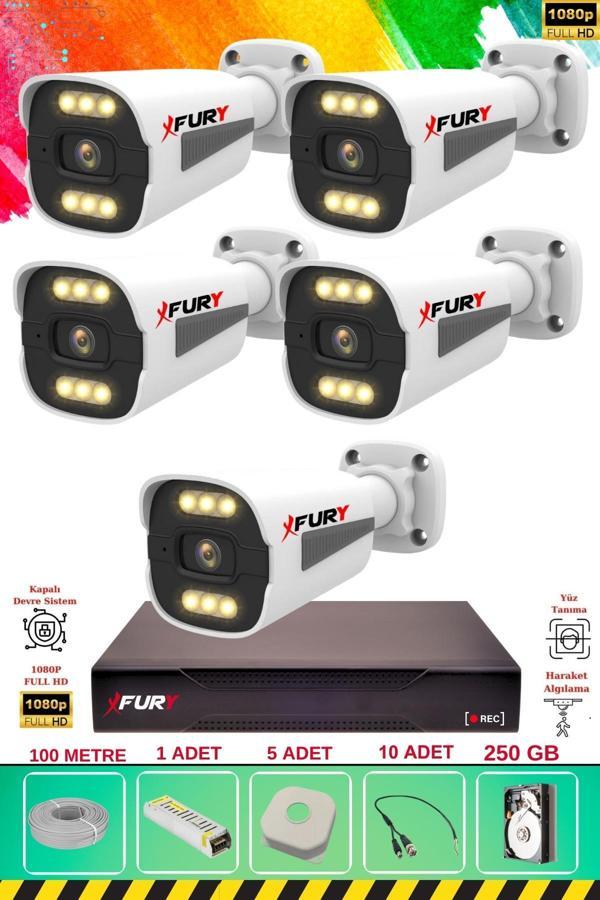 FURY 5 Kameralı 6 Warm Led Gece Renkli Görüş-Cepten İzle-Su Geçirmez Güvenlik Kamerası Seti 250GB - Image 1