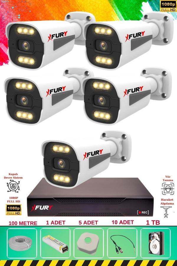 FURY 5 Kameralı 6 Warm Led Gece Renkli Görüş-Cepten İzle-Su Geçirmez Güvenlik Kamerası Seti 1TB - Image 1