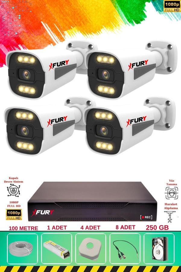 FURY 4 Kameralı 6 Warm Led Gece Renkli Görüş-Cepten İzle-Su Geçirmez Güvenlik Kamerası Seti 250GB - Image 1