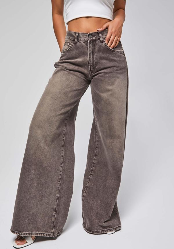 Kadın Taşlanmış Kahve Renk 4w5-16 Palazzo Fit %100 Koton İç Boy 80cm Denim Jean - Image 1