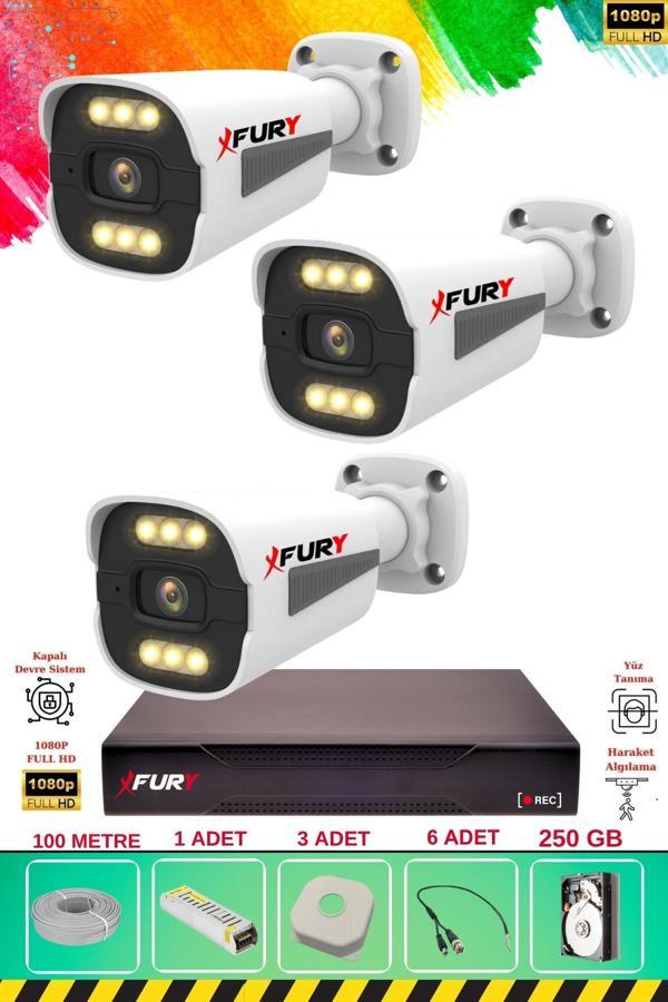FURY 3 Kameralı 6 Warm Led Gece Renkli Görüş-Cepten İzle-Su Geçirmez Güvenlik Kamerası Seti 250GB - Image 1