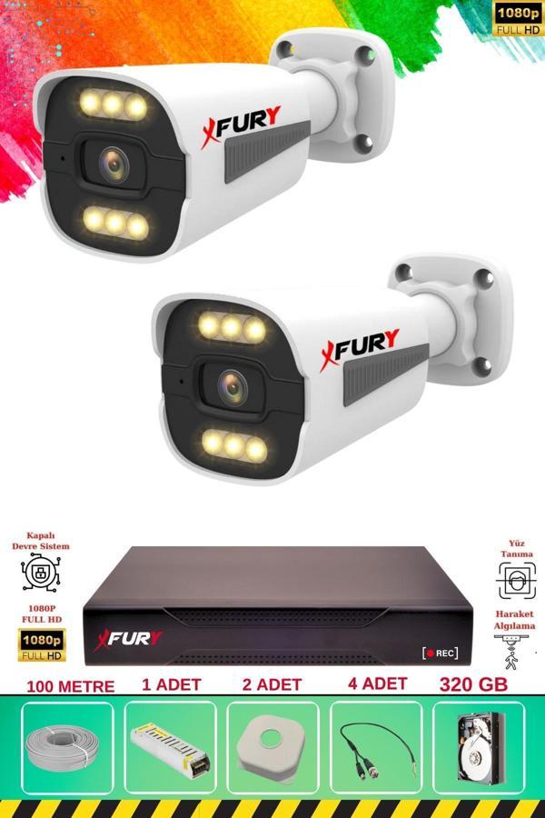 FURY 2 Kameralı 6 Warm Led Gece Renkli Görüş-Cepten İzle-Su Geçirmez Güvenlik Kamerası Seti 320GB - Image 1