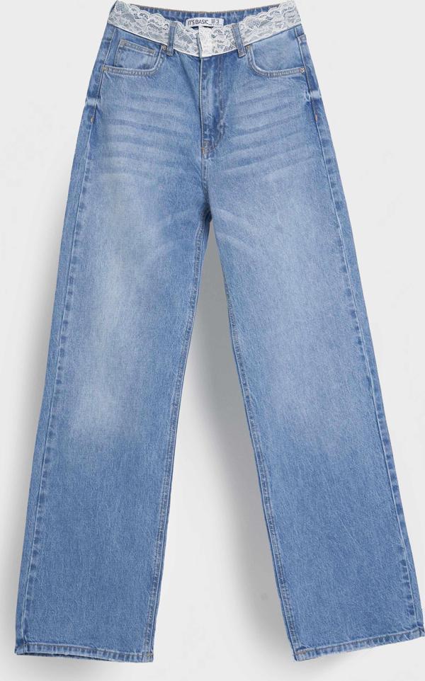 Kadın Mavi Renk D-2s5-3 Straight Fit Kemeri Dantel Detaylı Yüksek Bel %100 Koton Tasarım Denim Jean - Image 1
