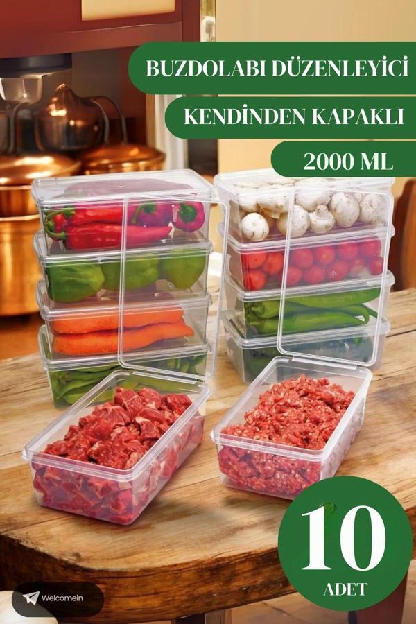 Welcomein 10 Adet 2 Lt. Kendinden Kapaklı Derin Dondurucuya Uygun Buzluk Saklama Kabı Düzenleyici  (2000 Ml) - Image 1
