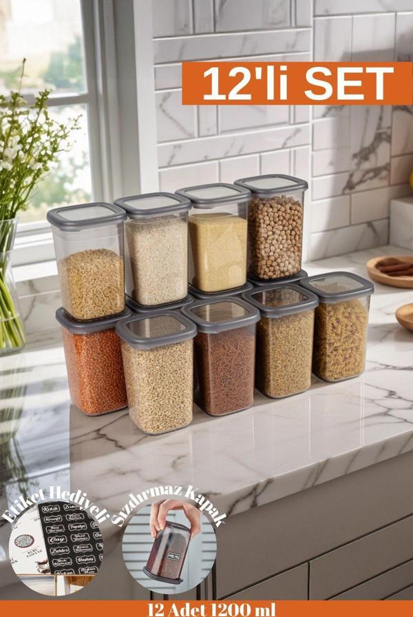 Welcomein 12 Adet 24 Parça Etiket Hediyeli 1200 Ml. Sızdırmaz Kapaklı Kare Erzak Bakliyat Saklama Kabı Seti - Image 1