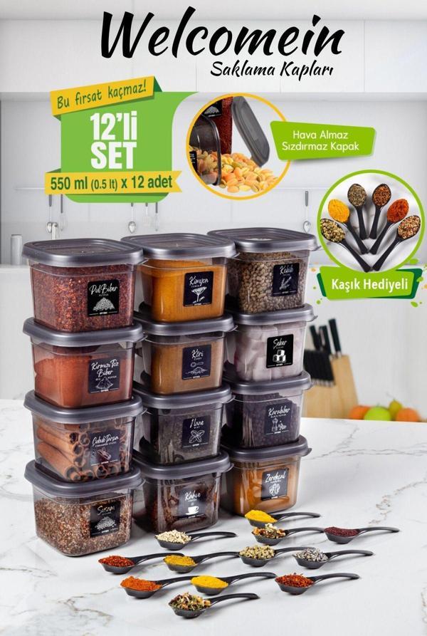Welcomein 12 Adet 24 Parça 12 Adet Kaşık Hediye Kare Baharatlık Takımı 550 Ml. Çeyiz Seti 20 Etiket Hediyeli - Image 1