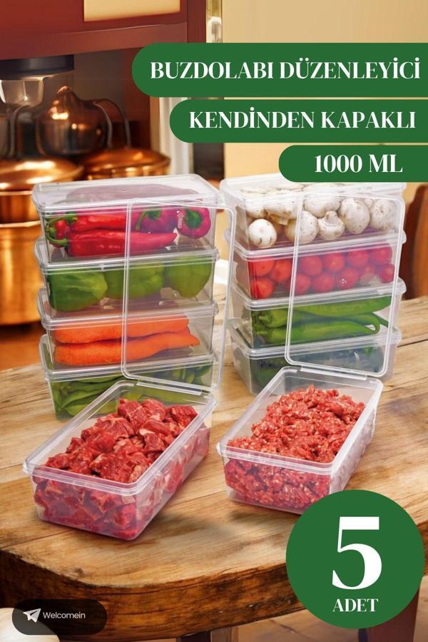 Welcomein 5 Adet 1 Litre Kendinden Kapaklı Derin Dondurucuya Uygun Saklama Kabı Düzenleyici  (1000 Ml) - Image 1