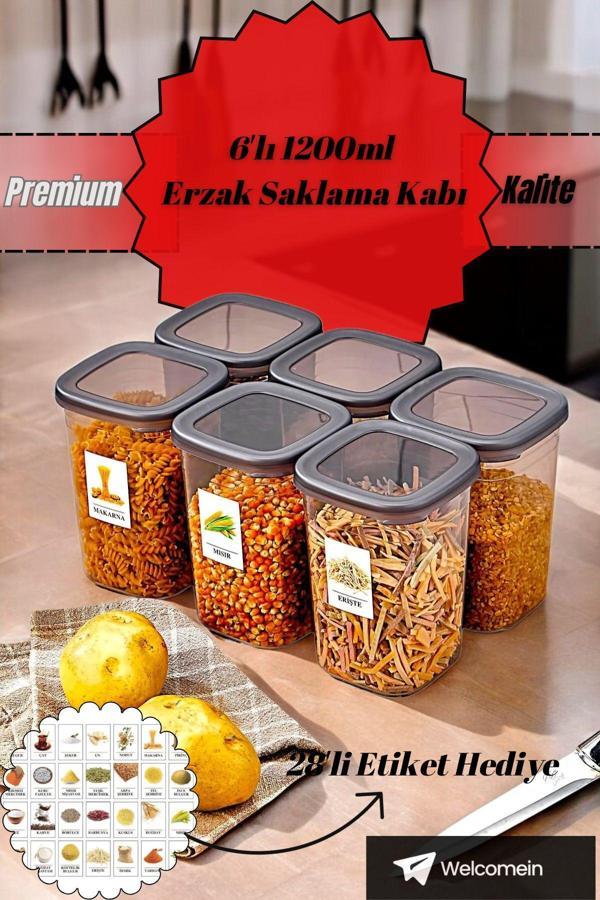 Welcomein 6 Adet Etiketli Square Kare Erzak Saklama Kabı Seti 1200 Ml - Sert Kapak 1.2 Litre Etiket Hediyeli - Image 1