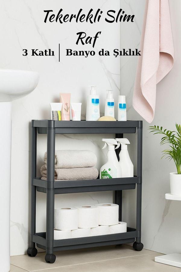 Welcomein Slim 3 Katlı Tekerlekli Banyo Organizeri - Gri Plastik Raf Düzenleyici - Image 1