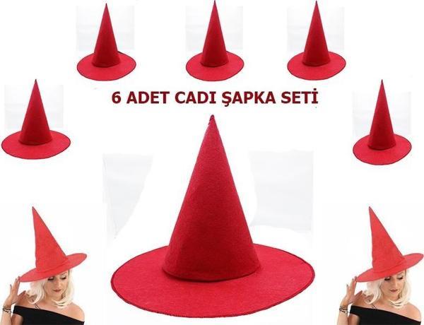 Kırmızı Renk Keçe Cadı Şapkası Yetişkin Çocuk Uyumlu 6 Adet - Image 1