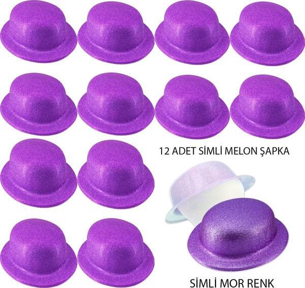 Mor Renk Simli Melon Yuvarlak Parti Şapkası 12 Adet - Image 1