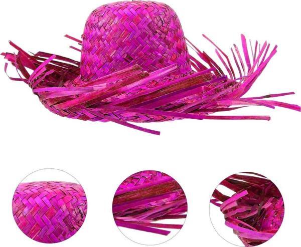Tropikal Parti Pembe Fuşya Hasır Hawaii Şapkası 13x36 cm - Image 1