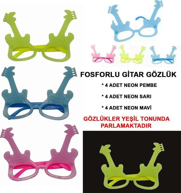 Fosforlu Gitar Model Glow Parti Gözlüğü Karanlıkta Yanan Gözlükler 12 Adet - Image 1