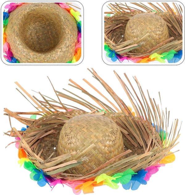 Naturel Renk Püsküllü Örme Hasır Hawaii Luau Aloha Şapka 13x36 cm - Image 1