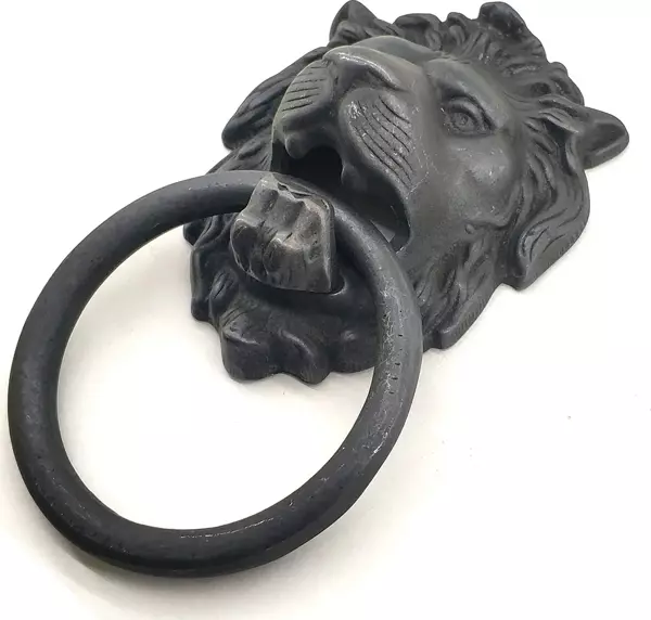 Antika Tarz Dekoratif Pirinç Aslan Kapı Tokmağı, Taktak - 102x130 mm, Oksit - Image 1