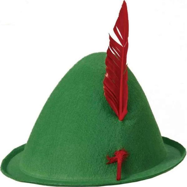 Yeşil Renk Kırmızı Tüylü Peter Pan Şapkası Robin Hood Şapkası 24X23 cm - Image 1