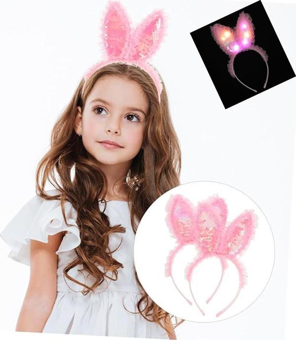 Kenarları Dantelli Pembe Pullu Payetli Led Işıklı Tavşan Kulak Taç 23x19 cm - Image 1